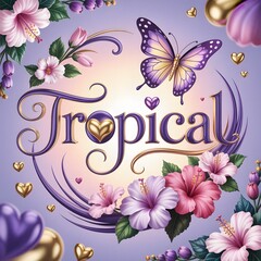  A stunning design showcasing a tropical-themed word with decorative floral and butterfly elements in vibrant pinks and purples, perfect for exotic vibes.