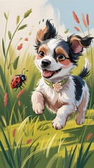 A joyful and colorful illustration of a happy small dog with fluffy fur playfully running through a spring meadow, chasing a cute ladybug with excitement.