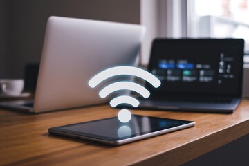 A glowing wifi symbol hovers above a tablet and laptops on a desk, suggesting wireless connectivity for the devices.
