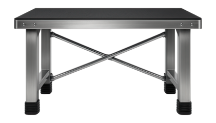 Workbench with a durable rubber mat top and steel legs, intended for an automotive repair garage.