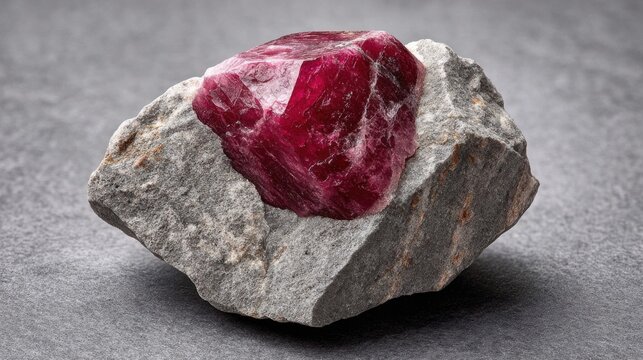 A vibrant, translucent red crystal embedded in a rough, gray rock, on a dark gray background, illuminated by soft lighting.