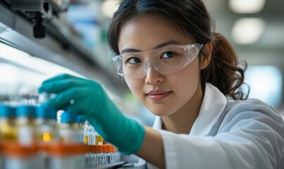 Pharmacist scientist with sanitary gloves examining medical vials on a production line conveyor belt in a pharmaceutical factory. Asian mixed-race female checking medicine vials, Generative AI