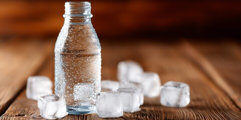 A glass bottle of cold mineral water with condensation and ice cubes on a wooden table. A concept of freshness and hydration. For a beverage advertisement