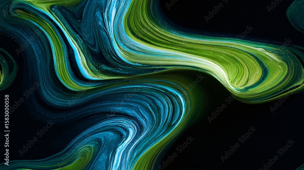Poster cyan and green liquid paint interflows on a black surface, creating a swirling, abstract pattern.