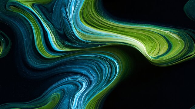 Cyan and green liquid paint interflows on a black surface, creating a swirling, abstract pattern.