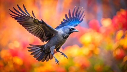 Obraz premium Jackdaw Flying with Spread Wings and Colorful Blurred Background