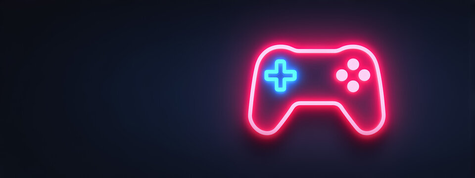 Pink and blue neon game controller on a black background. Banner with copy space for a gaming tournament, sale or esports event promo