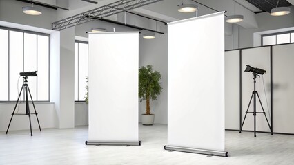 Studio Roll-Up Banners with Blank White Fabric for Trade Shows or Demos