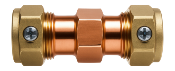 Copper compression fitting for joining two copper pipes in a residential plumbing system.