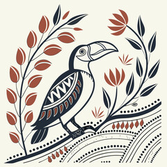 Obraz premium Decorative toucan bird illustration with floral elements in a simplified modern botanical arrangement