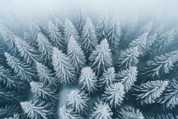 Obraz premium Overhead Drone View of Snowy Coniferous Forest with Soft Light and Natural Tones
