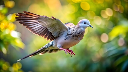 Obraz premium Zebra Dove Flying with Spread Wings and Colorful Blurred Background