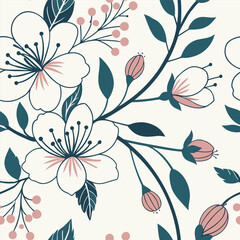 Delicate floral pattern with white blossoms berries and leaves for elegant design projects
