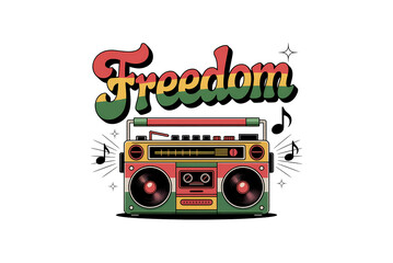 A retro boombox with the word freedom in rasta colors Sublimation Design  isolated on transparent background