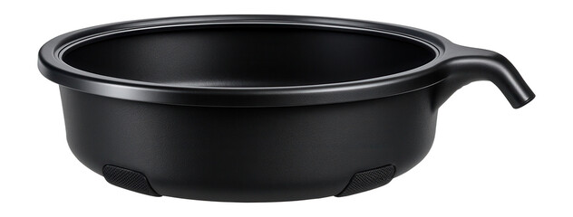 Plastic oil catch pan with a wide rim and spout for draining oil in an automotive repair garage.