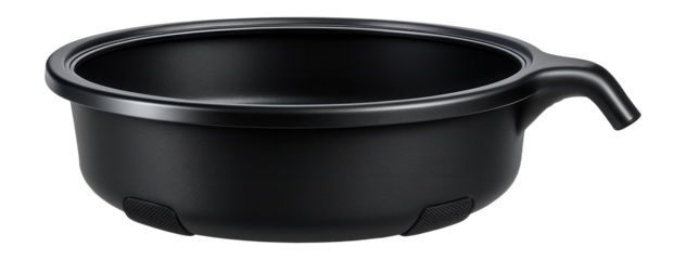 Plastic oil catch pan with a wide rim and spout for draining oil in an automotive repair garage.