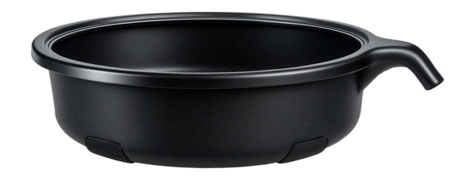 Plastic oil catch pan with a wide rim and spout for draining oil in an automotive repair garage.