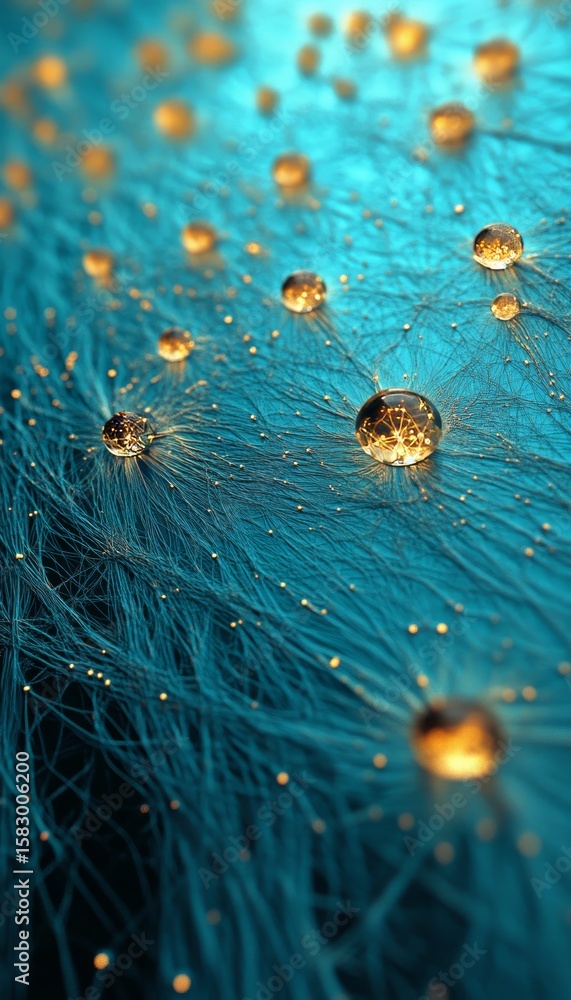 Poster golden connected nodes in a turquoise graph network, modern digital technology visualization.