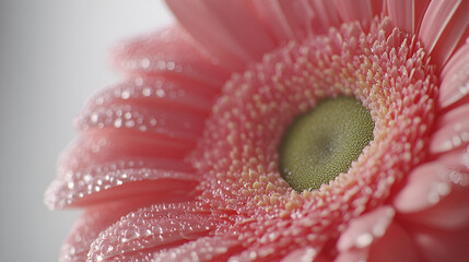 Close-up of a delicate pink gerbera daisy covered in water droplets.