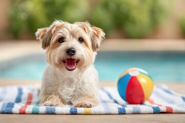 Happy dog with beach ball by the pool