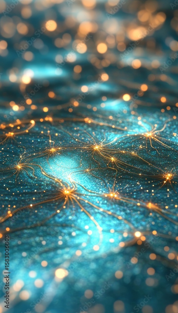 Poster vivid turquoise network with golden nodes, abstract data points visualization in vector style design