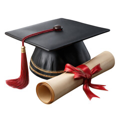 Graduation cap and diploma with ribbon isolated on transparent background