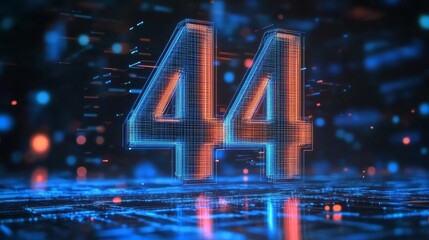 Futuristic Digital Landscape Featuring Glowing Numbers 44, Modern Cyber Design in Abstract Style