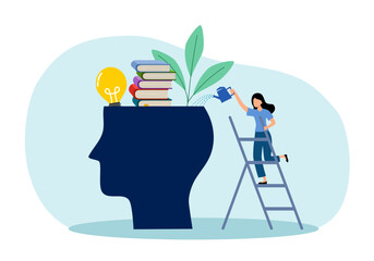 Self improvement, Increasing skills, Knowledge and abilities for oneself, Personal growth in the organization, Professional learning. Woman . watering the plant with books and lightbulb inside head.