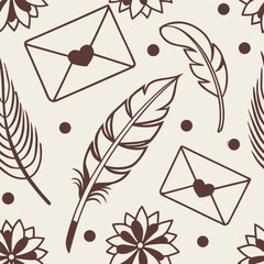 Elegant brown pattern featuring feathers envelopes and floral elements on a soft beige background