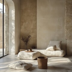 Quiet luxury home interior with luxurious neutral home decor, minimalist stone and clay ceramics, subtle colors, quality textures, and fabrics, Generative AI