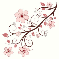 Elegant cherry blossom branch design with delicate pink flowers and leaves on a white background