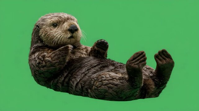 Sea Otter Relaxing: A charming sea otter floats on its back against a calming green, showcasing its thick fur and playful demeanor in a wildlife moment.
