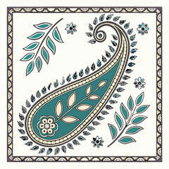 Elegant decorative paisley design with botanical elements and ornamental border on a white background
