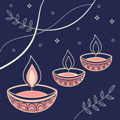 Elegant floating diya lamps with delicate floral accents on a midnight blue background vector design