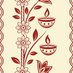 Elegant floral and lamp diya indian festive border seamless design on cream background