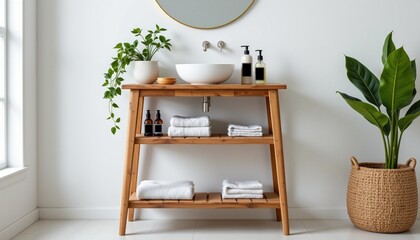Minimalist Bathroom with Wooden Table and Plant