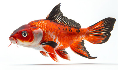 Vibrant orange Koi fish swimming, isolated on white background.