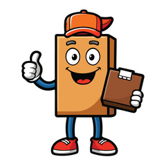 Happy cartoon delivery box character giving a thumbs up holding a clipboard