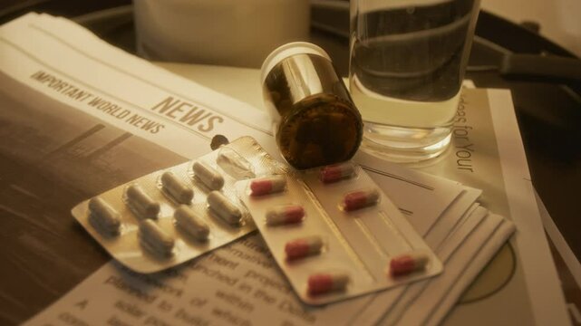 Zoom in closeup of prescription pills and medication on nightstand lit by lamplight at night, copy space
