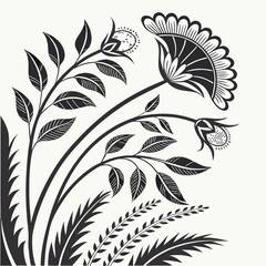 Elegant floral illustration featuring bold black leaves and flowers on a transparent background