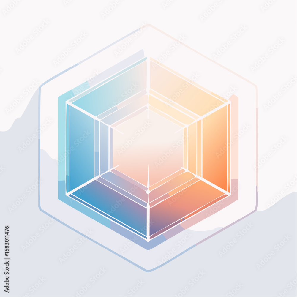 Poster abstract geometric illustration featuring a layered hexagonal shape with gradient color transitions.