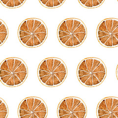 Seamless pattern of watercolor dried oranges isolated on white background. A slice of dried orange