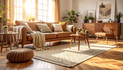 Fototapeta premium Living Room Featuring a Brown Leather Sofa and Wooden Furniture Bathed in Sunlight