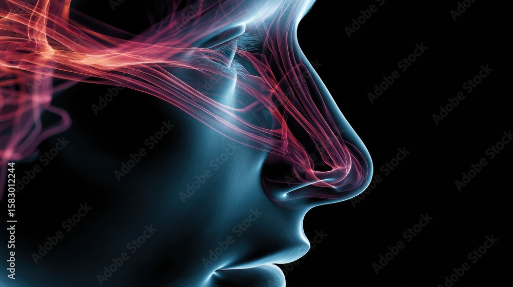 Poster digital illustration of inflamed sinuses in a human head with x-ray effect showing internal structur