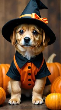 Adorable puppy dressed as a halloween witch