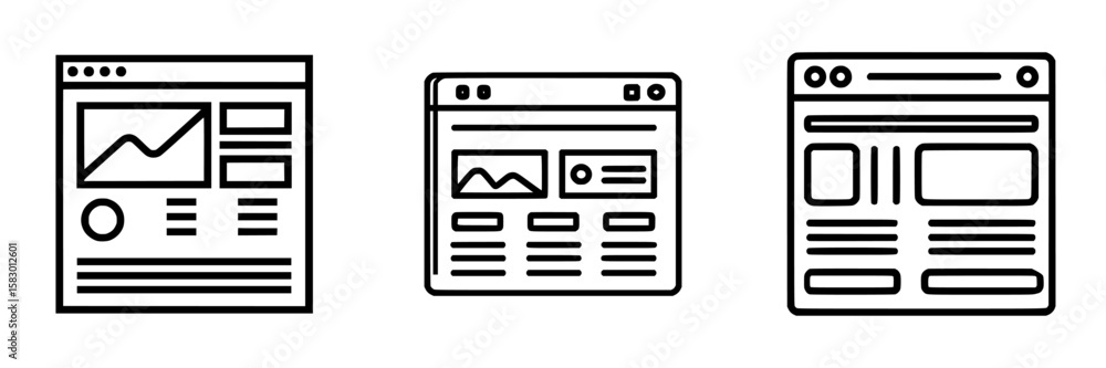 Poster variety of black icons representing web layouts and user interface design in a modern digital worksp
