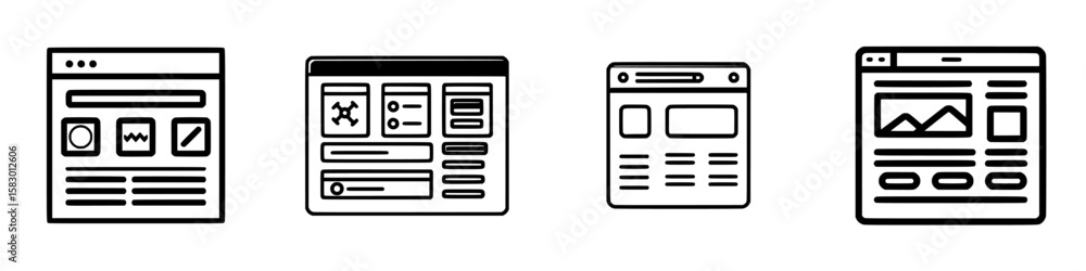 Poster simple black icon design representing various website layouts and user interface elements for digita