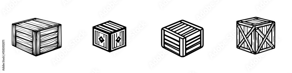 Poster various styles of black icon crates displayed in a minimalistic layout for design purposes