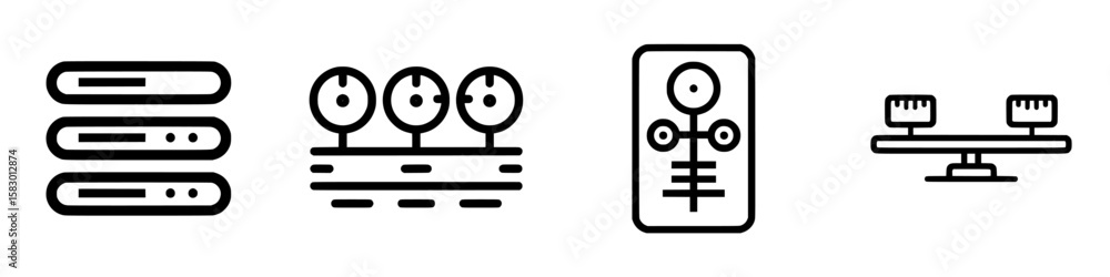 Poster minimalist black icons representing server components and data management in a modern technology lan