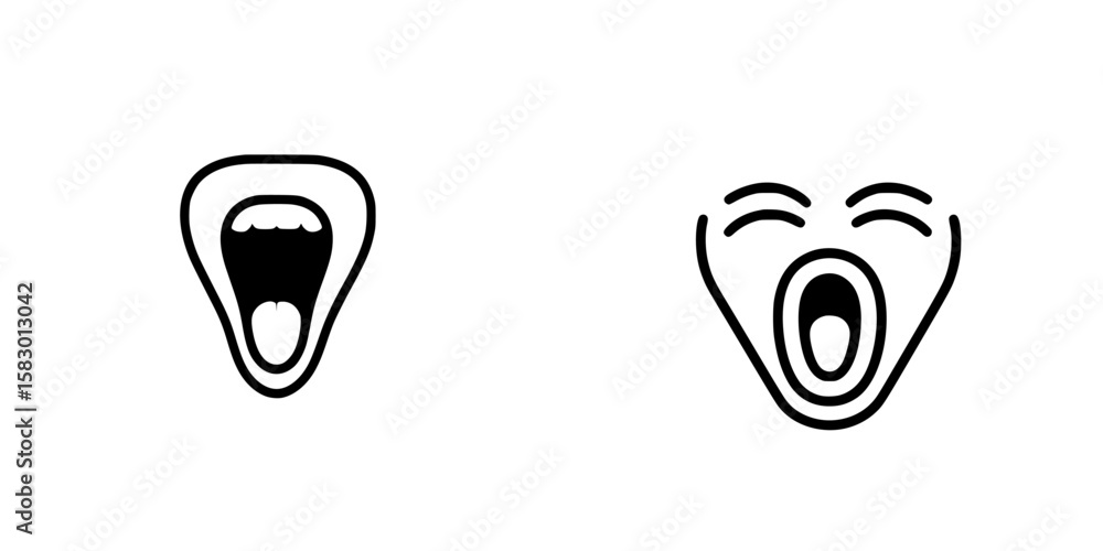 Poster black icons depicting various expressions of yawning or shouting in a minimalist design style